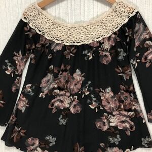 Floral Print Blouse Crochet Trim Bell Sleeve Top‎ Jella c. Women's
